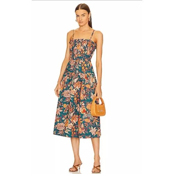 Ulla Johnson X Revolve Smocked Floral Teal Delphinium Lisbet MIDI Dress Size 4 - Picture 1 of 14